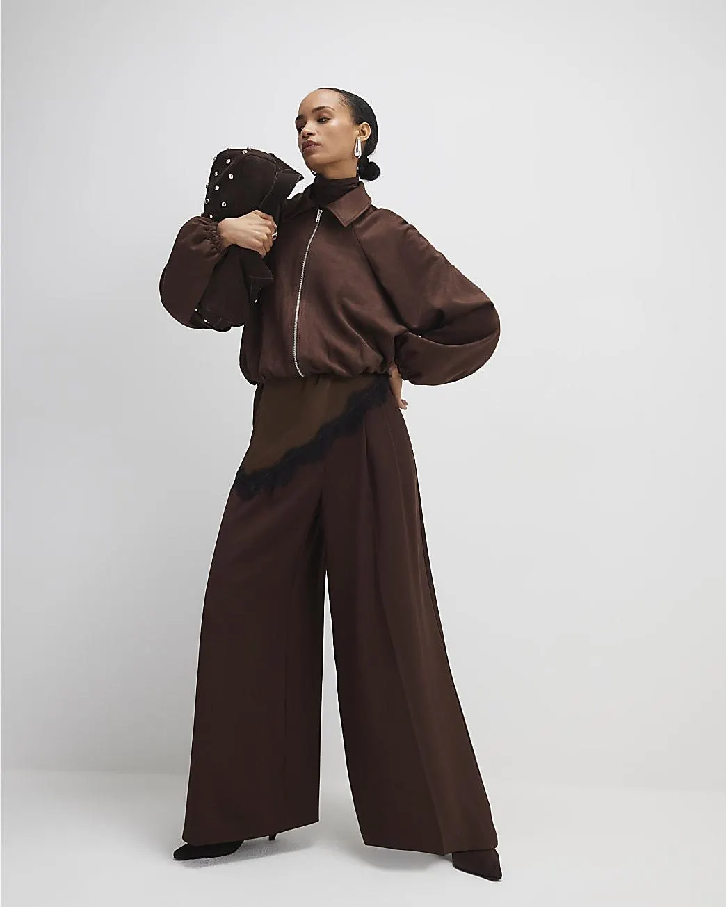 Brown Faux Suede Collared Bomber Jacket