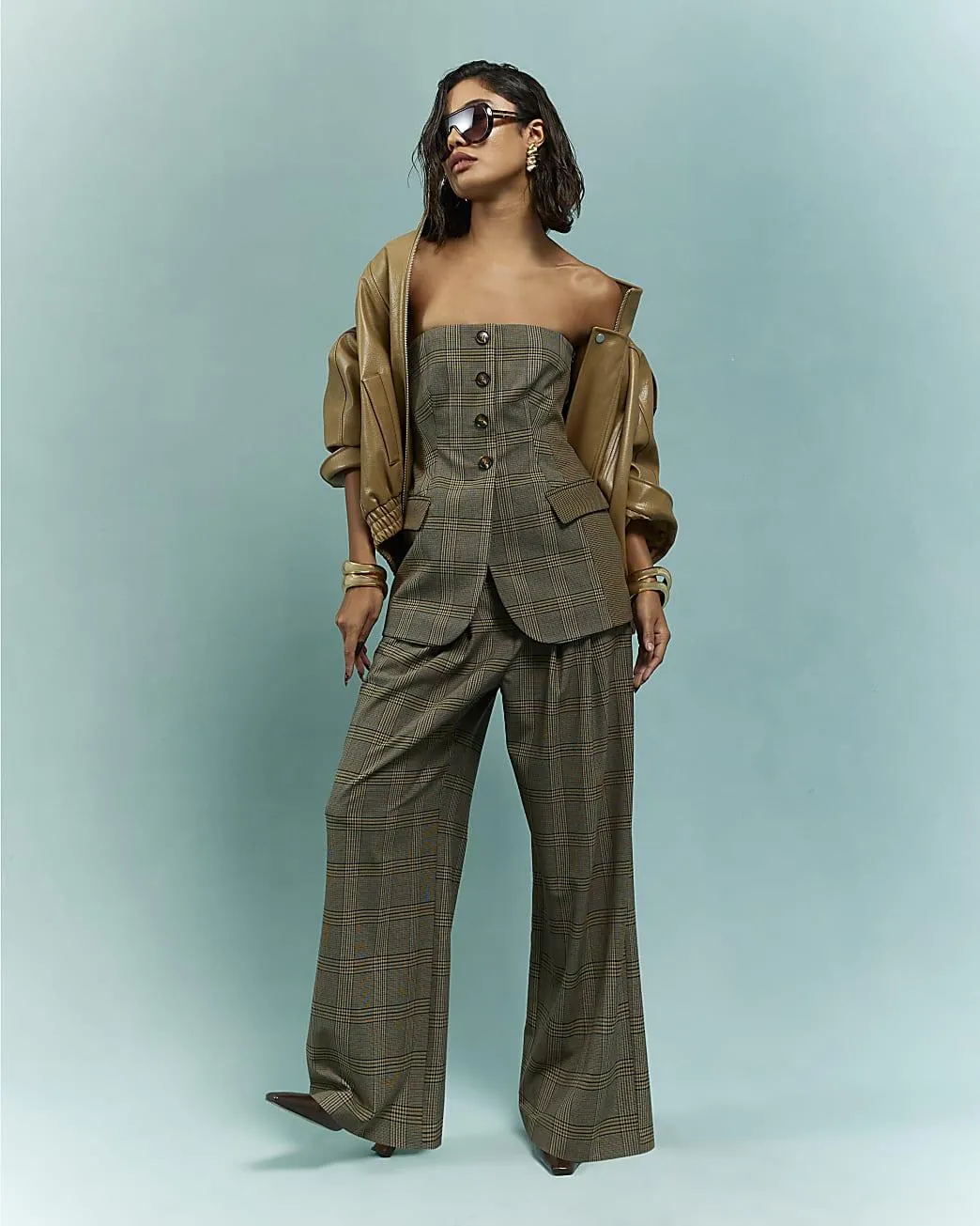 Brown Check Print Wide Leg Trousers