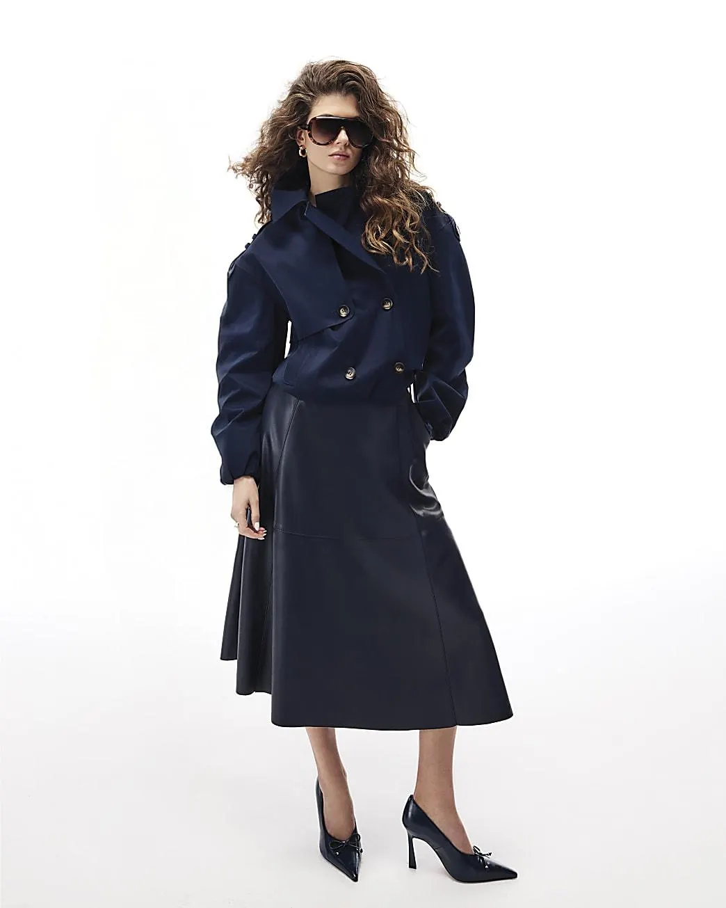 Navy Faux Leather Midi Skirt