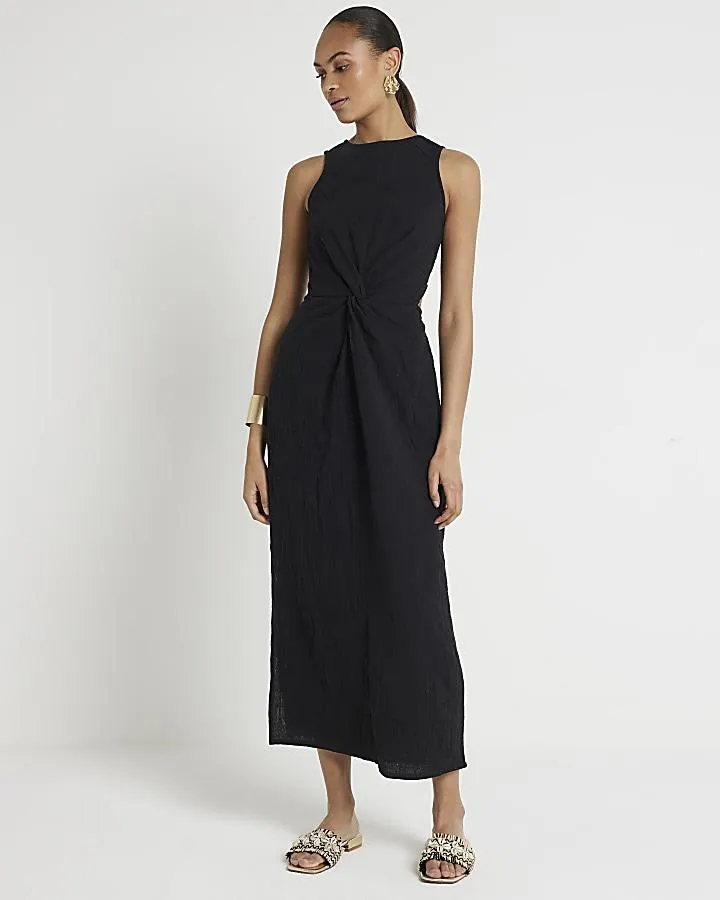 Black textured cut out smock midi dress
