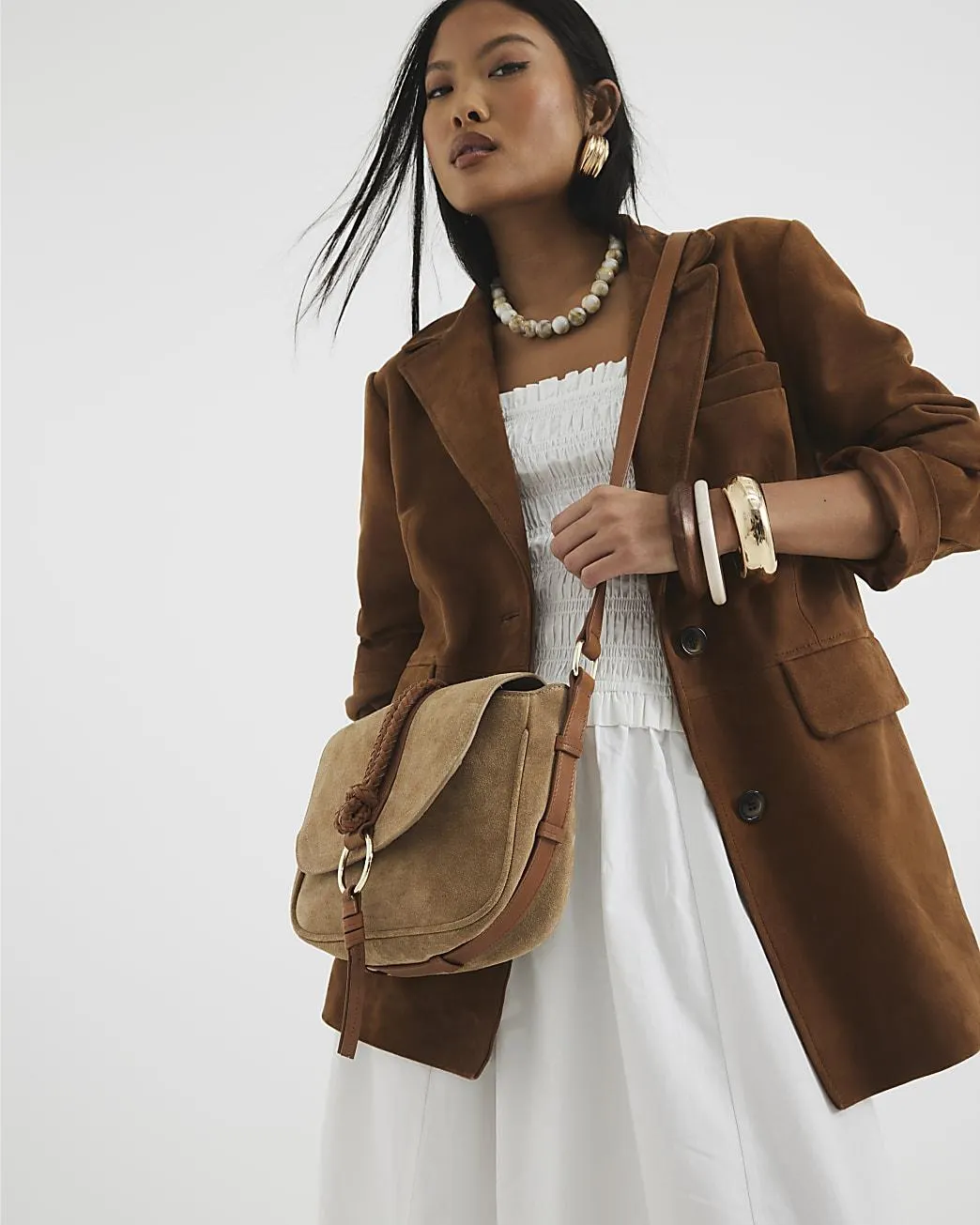 Brown Suede Braided Shoulder Bag