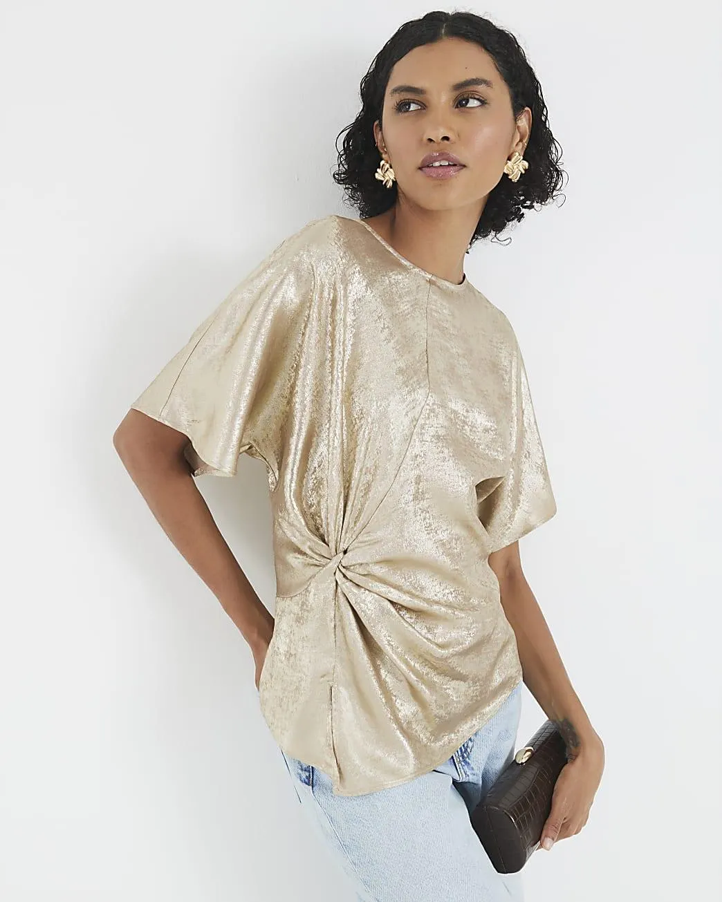 Gold Short Sleeve Knot Front Top