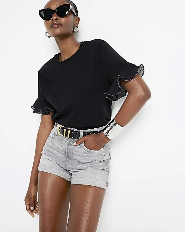 Black Stitch Frill Sleeve T-Shirt
