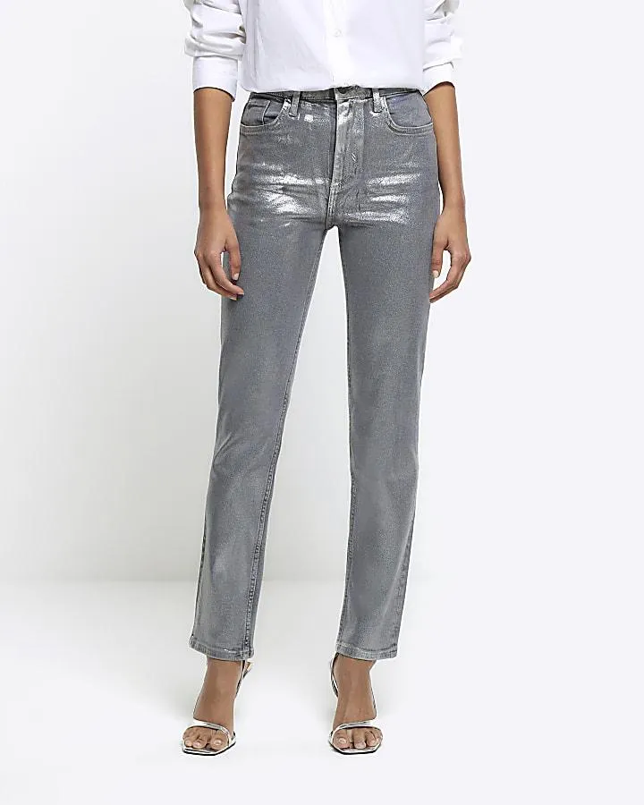 Silver slim straight coated jeans