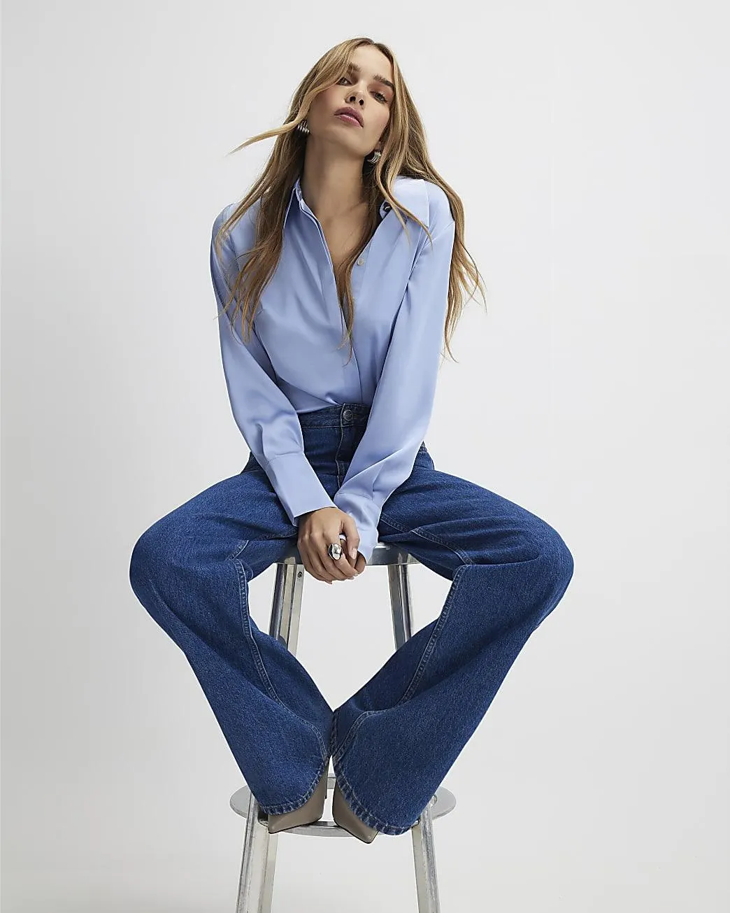 Blue Satin Long Sleeve Slim Fit Shirt