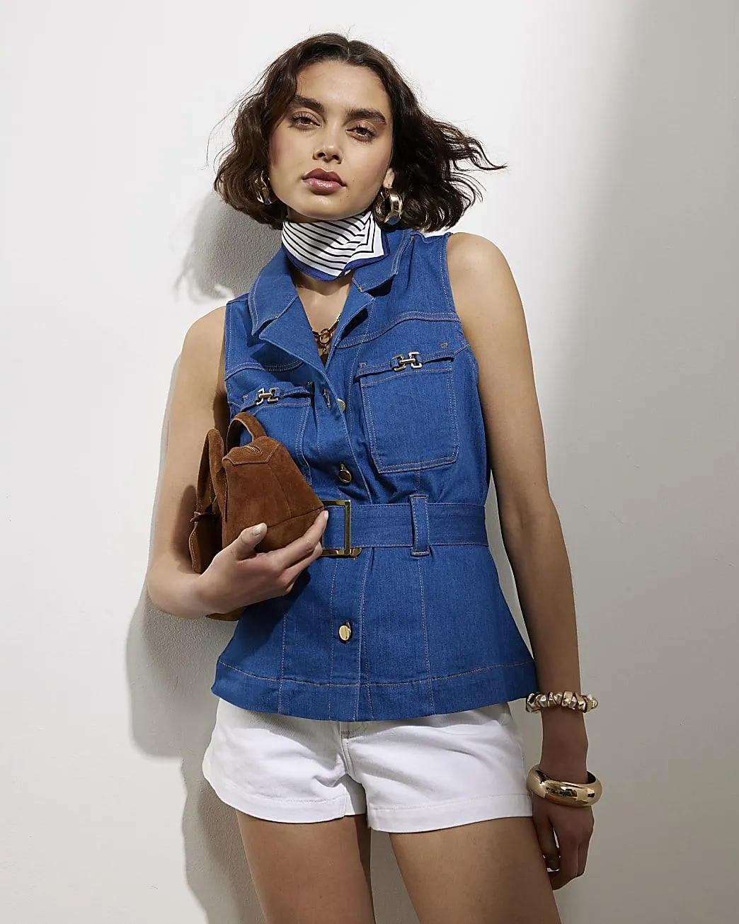 Blue Denim Sleeveless Pocket Belted Top