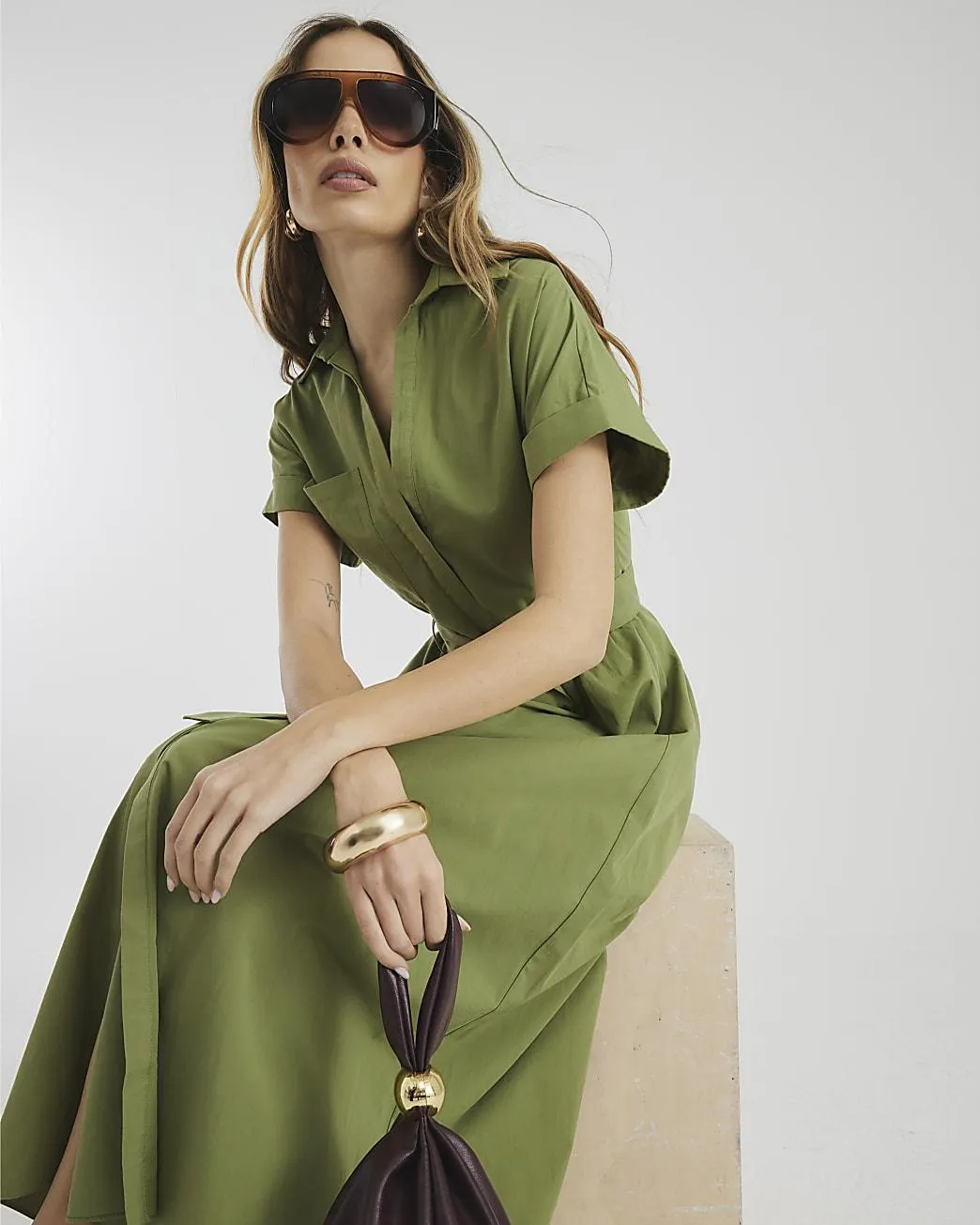 Khaki Short Sleeve Midi Shirt Dress