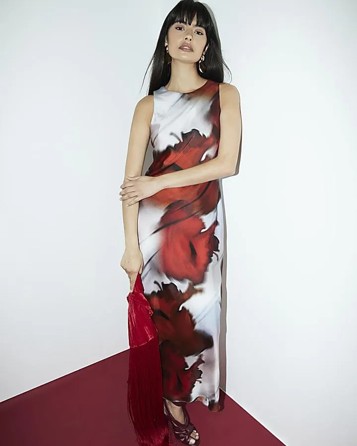 Red abstract print belted slip dress