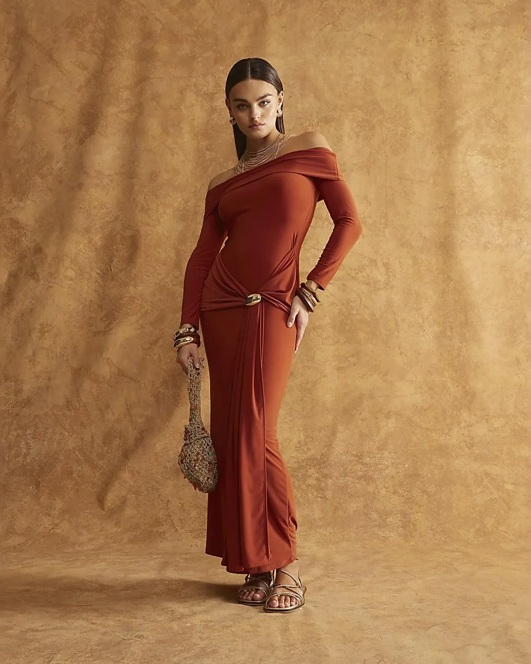 Rust Bardot Trim Maxi Dress