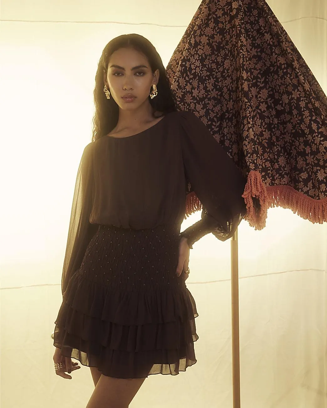 Brown Long Sleeve Smocked Mini Dress