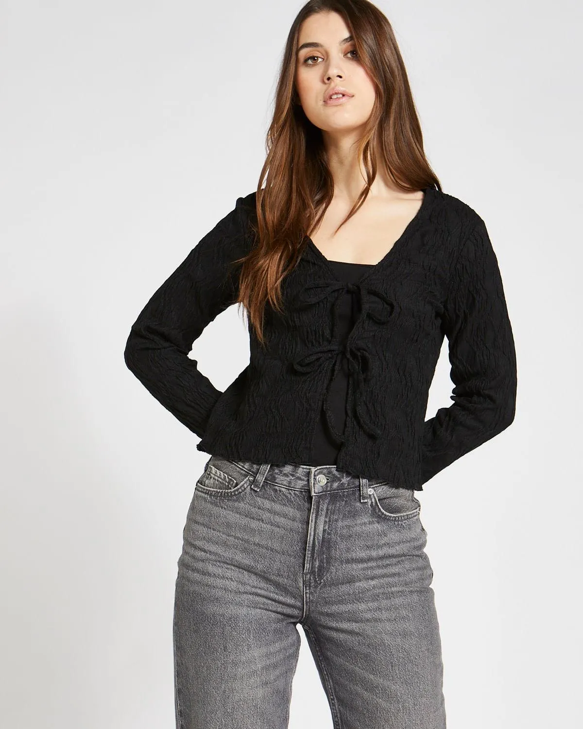 Savida Sadie Texture Tie Front Long-Sleeved Top