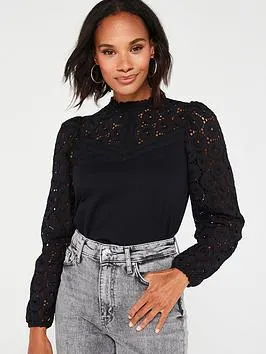Long Sleeve Crochet Insert Top - Black