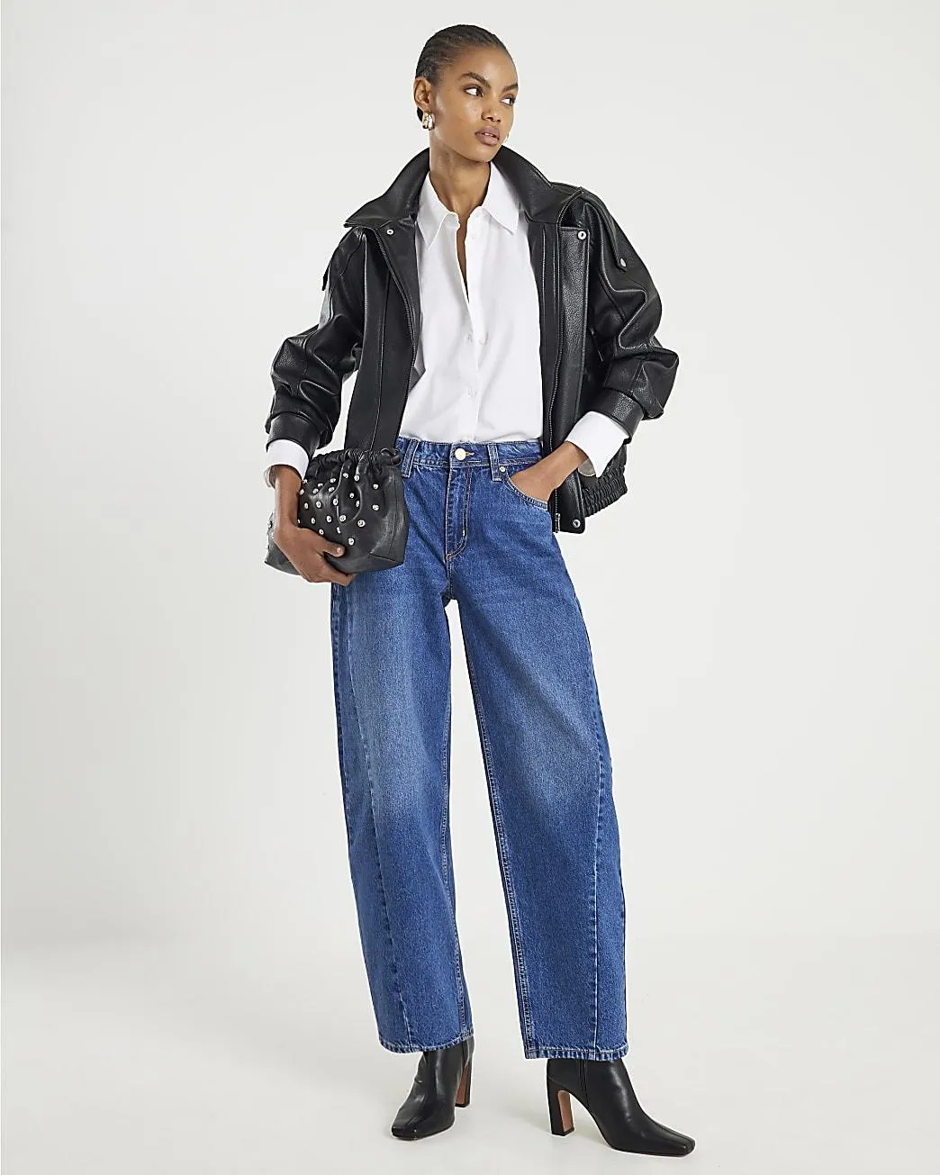 Blue Mid Rise Seamed Barrel Leg Jeans