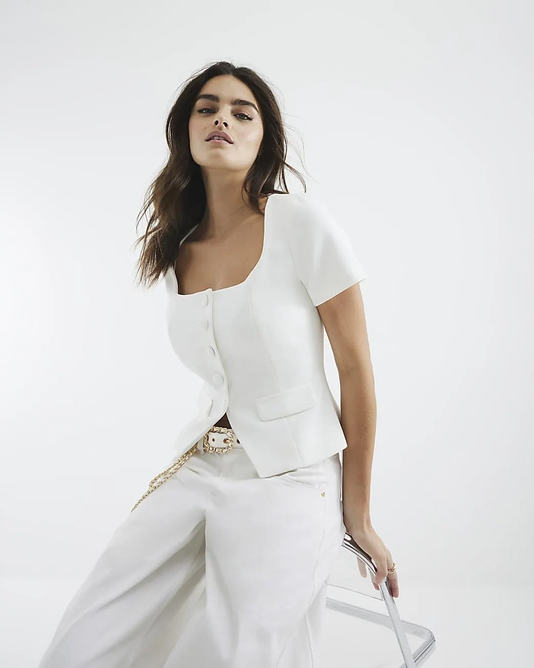 White Short Sleeve Tailored Button Top