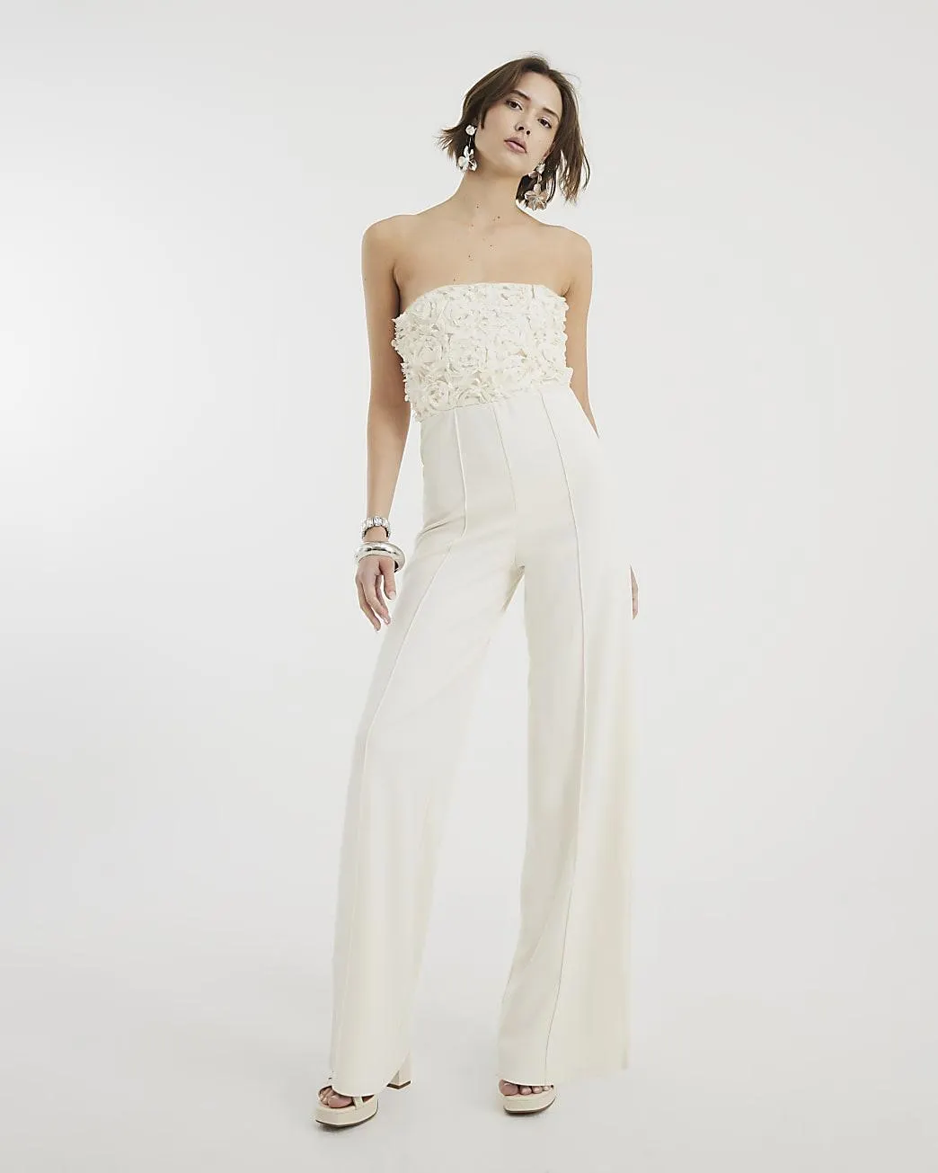 Cream Sleeveless 3D Petals Bandeau Jumpsuit
