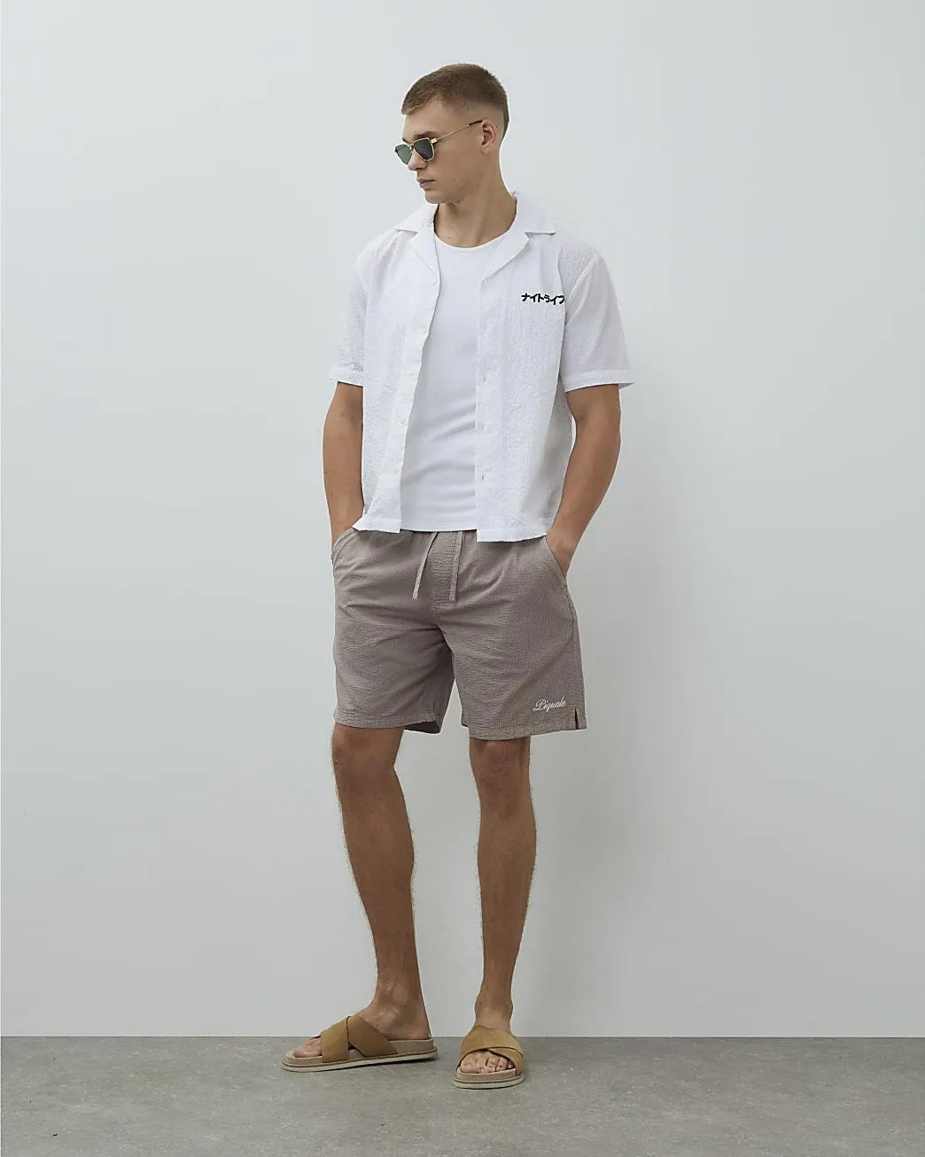 Brown Regular Fit Textured Drawstring Shorts