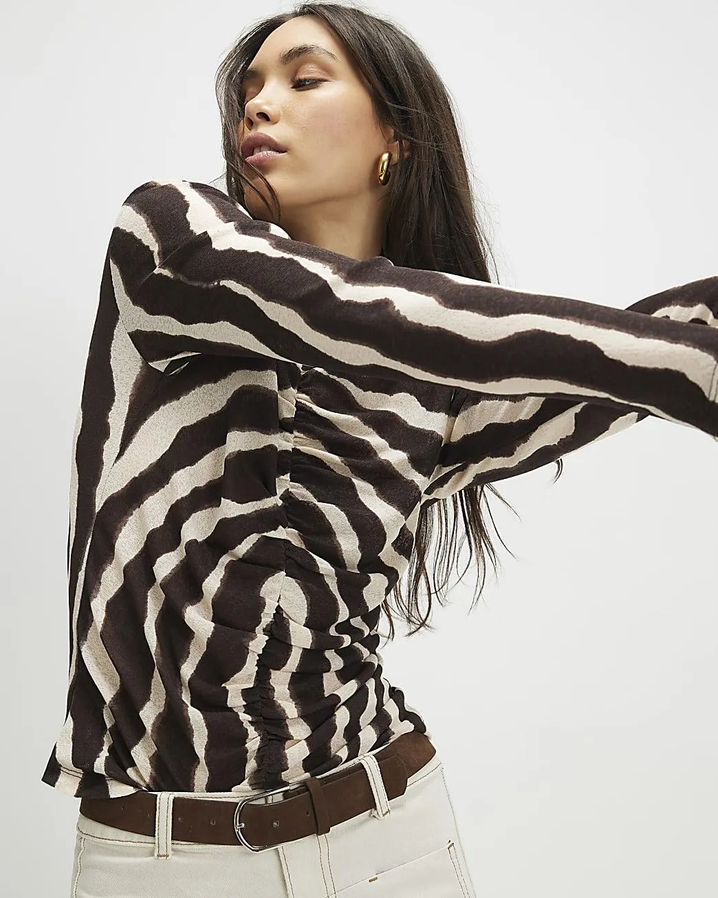 Brown Ruched Wavy Print Mesh Top