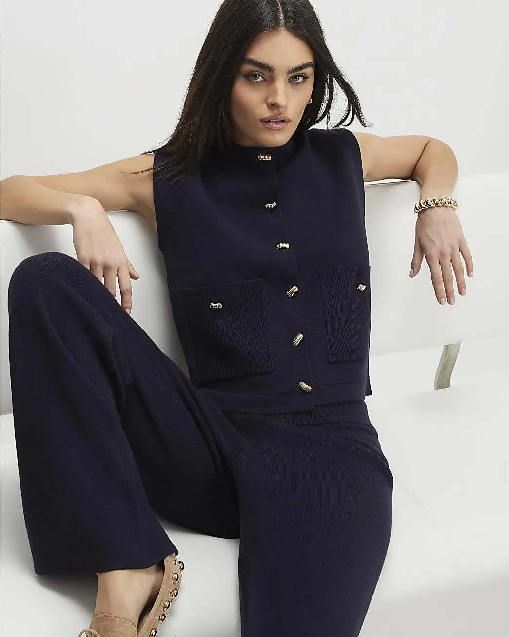 Navy knitted wide leg trousers
