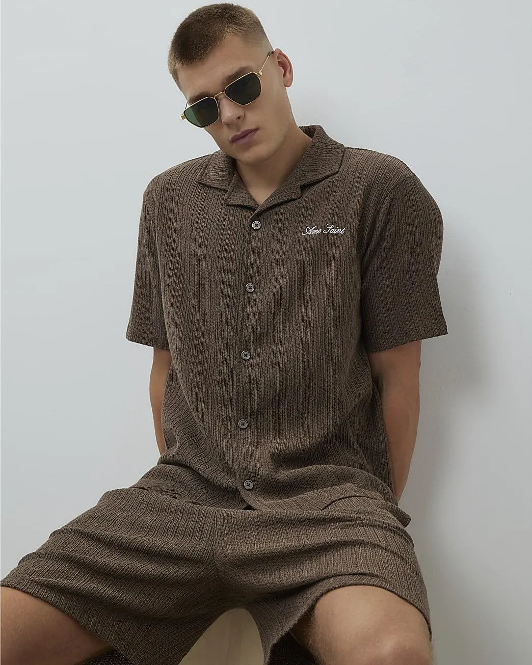 Brown Regular Fit Plisse Revere Shirt