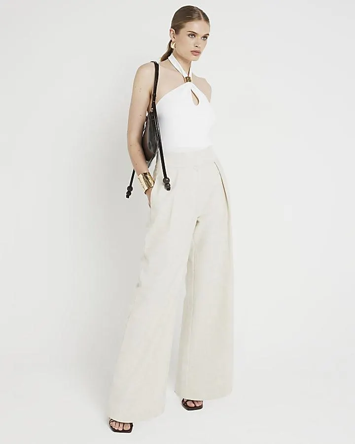 Beige linen blend wide leg trousers