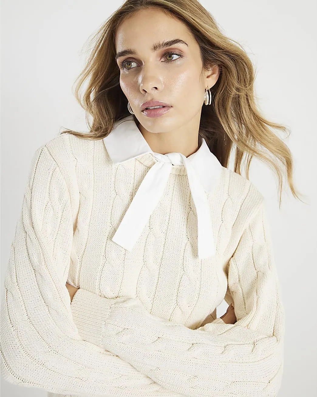 Cream Long Sleeve Collared Cable Knit Jumper