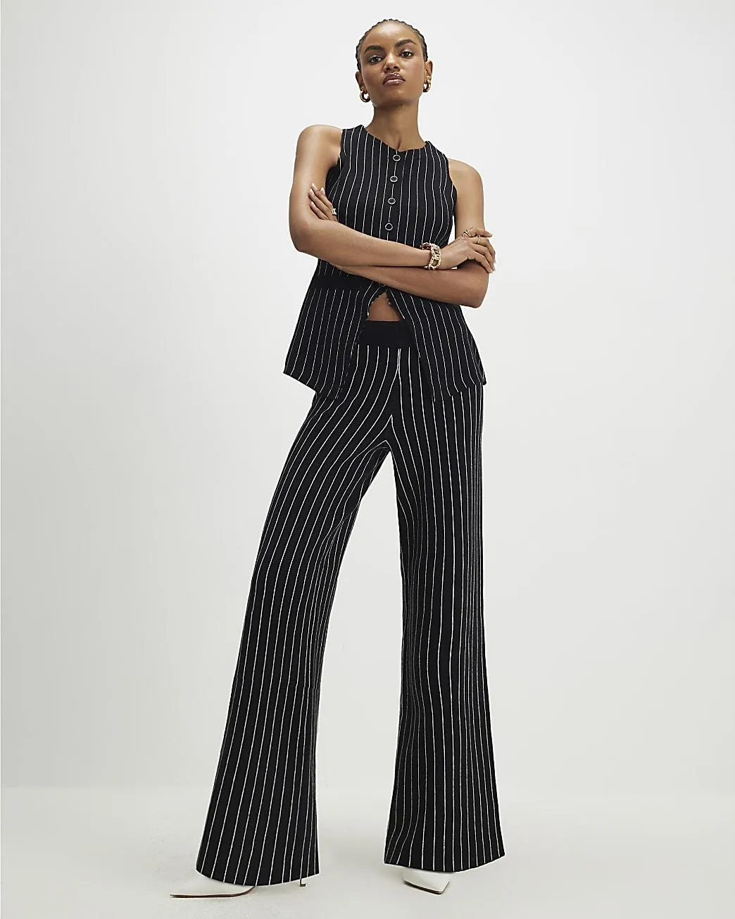 Black Wide Leg Pinstripe Knitted Trousers