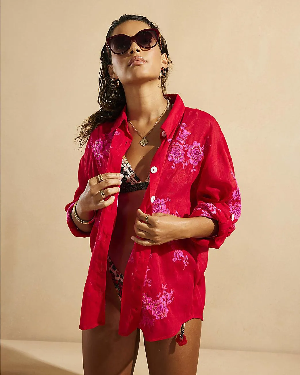 Red Del Maar Floral Embroidered Beach Shirt
