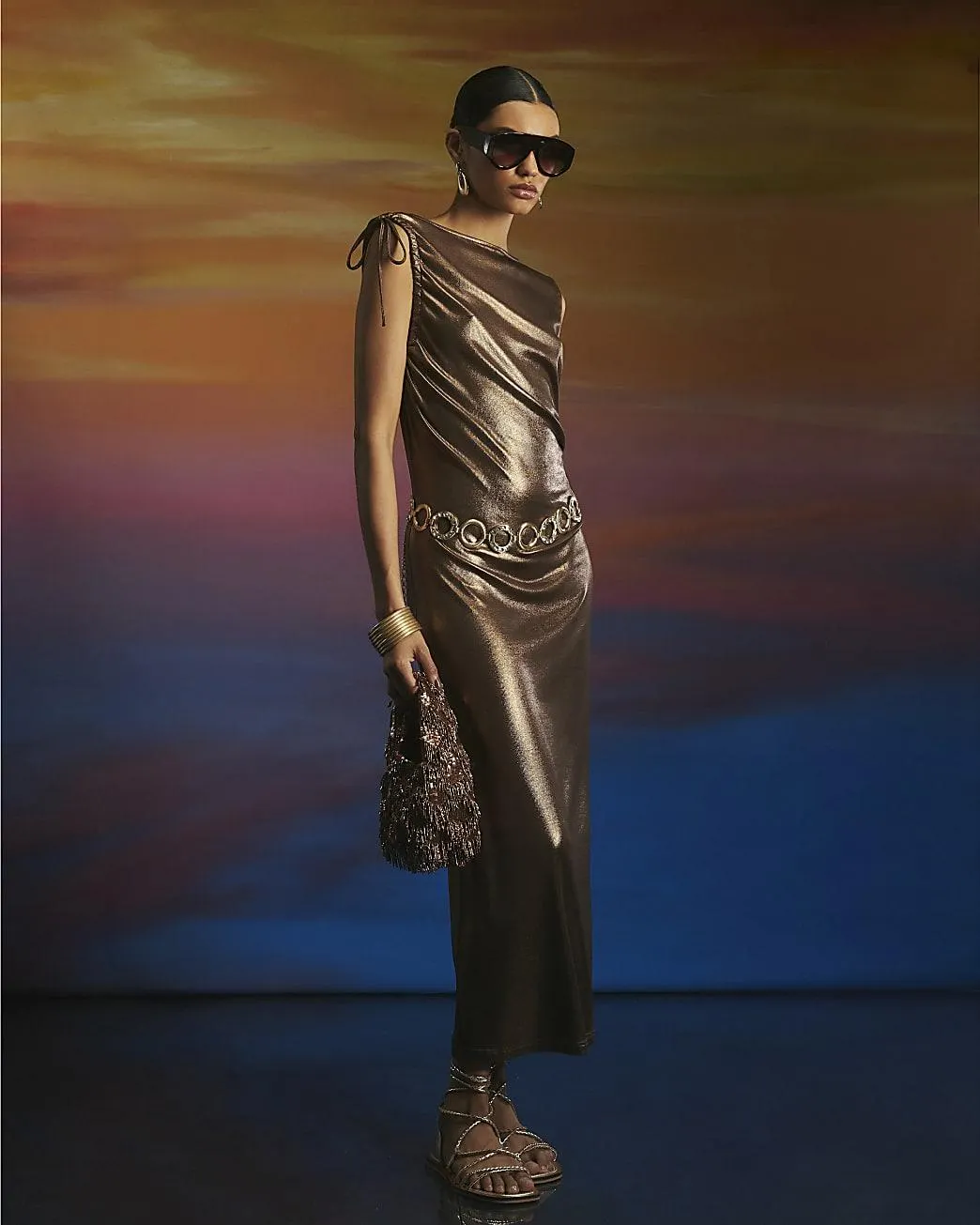 Bronze Metallic Ruched Ribbed Midi Dress