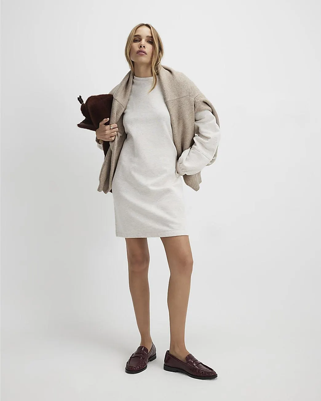 Beige Long Sleeve Sweathirt Dress