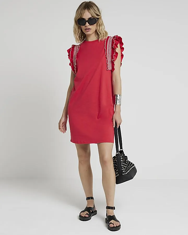 Red Frill Trim Shift Mini Dress
