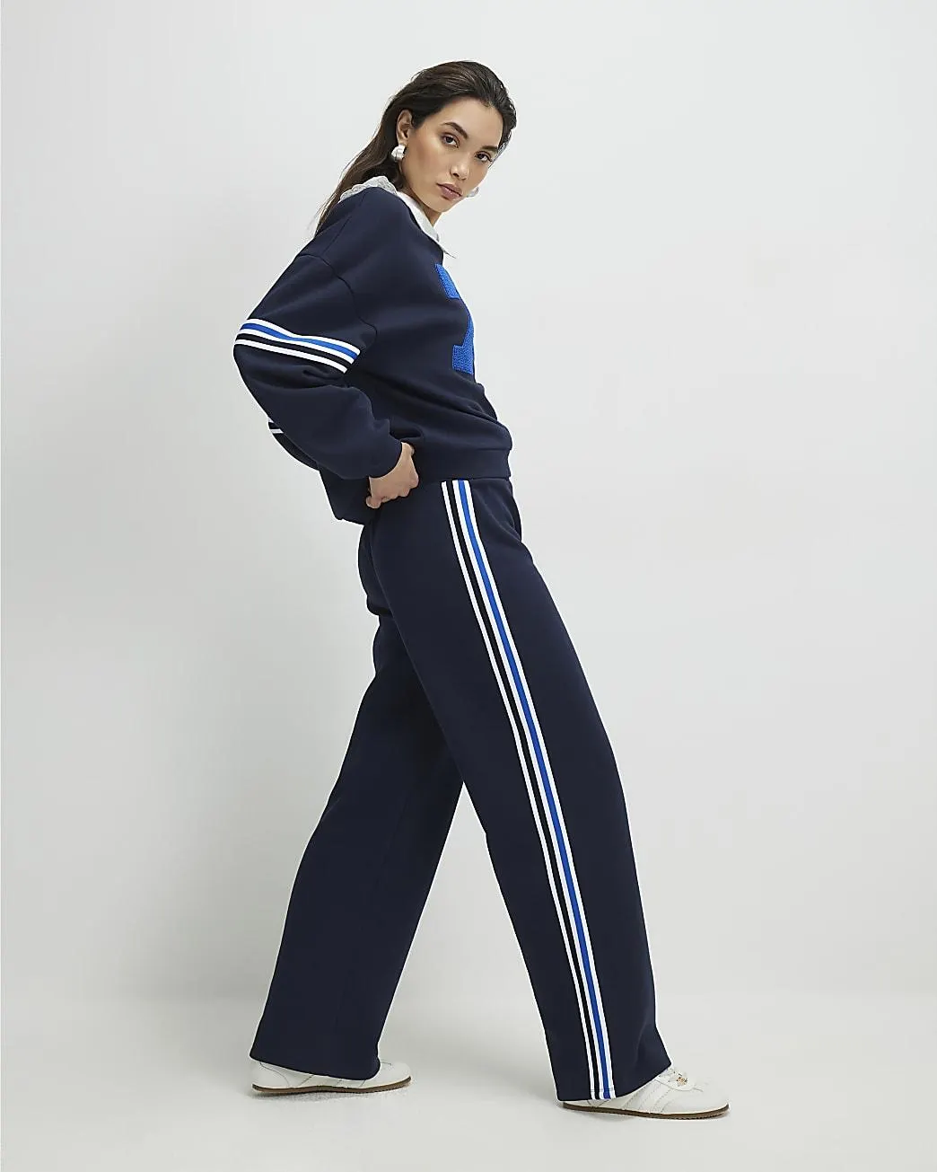 Navy Wide Leg Side Stripe Joggers