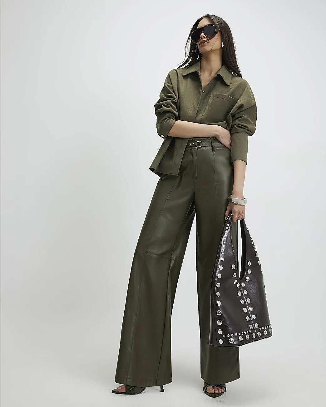Khaki Wide Leg Buckle Faux Leather Trousers
