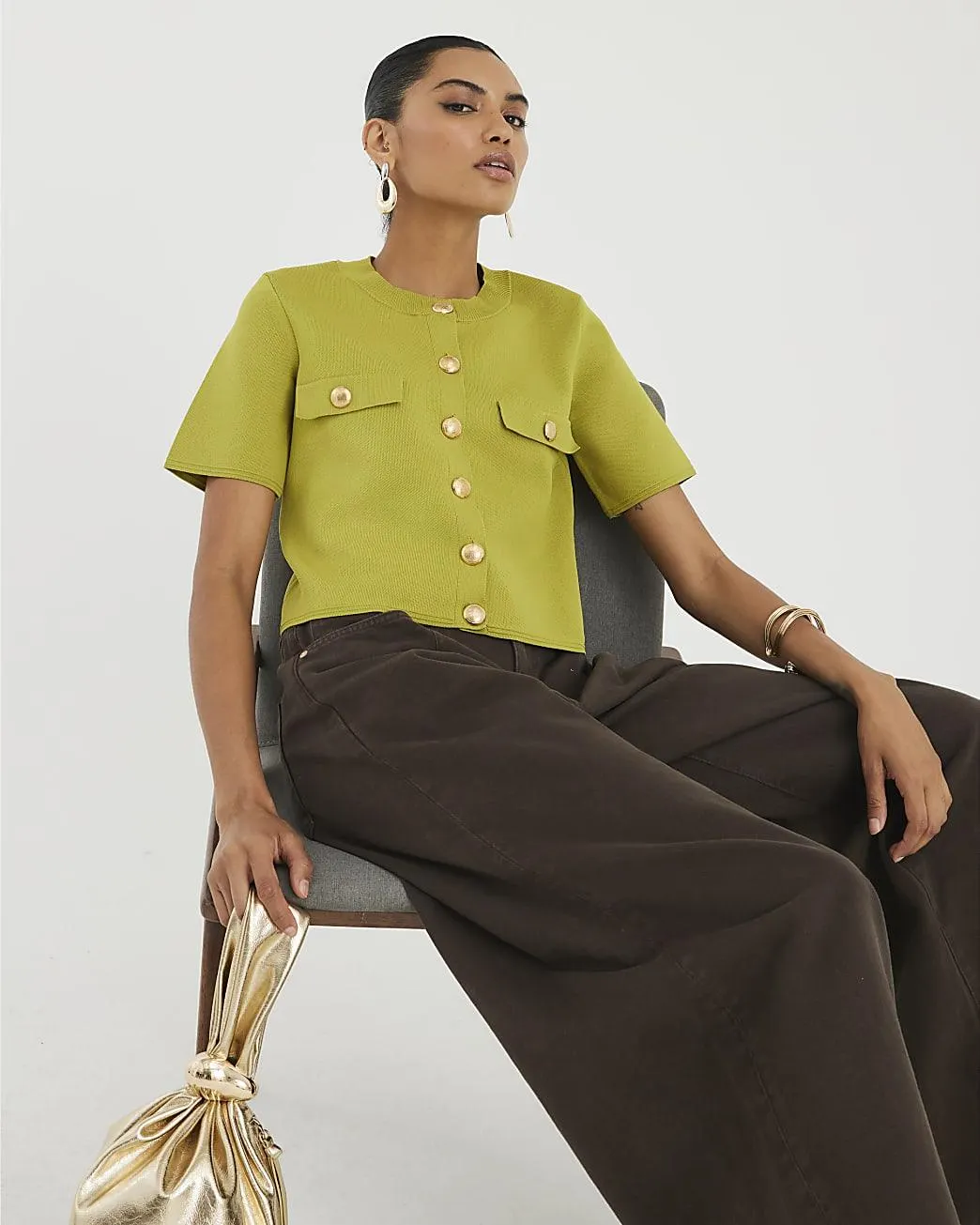 Green Military Button Detail T-shirt