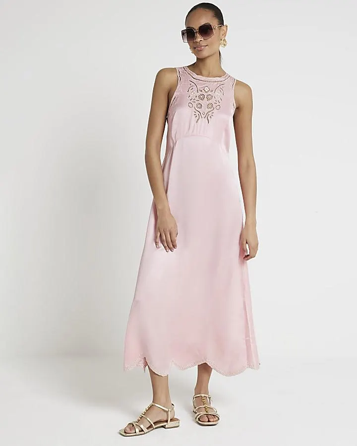 Pink embroidered slip midi dress