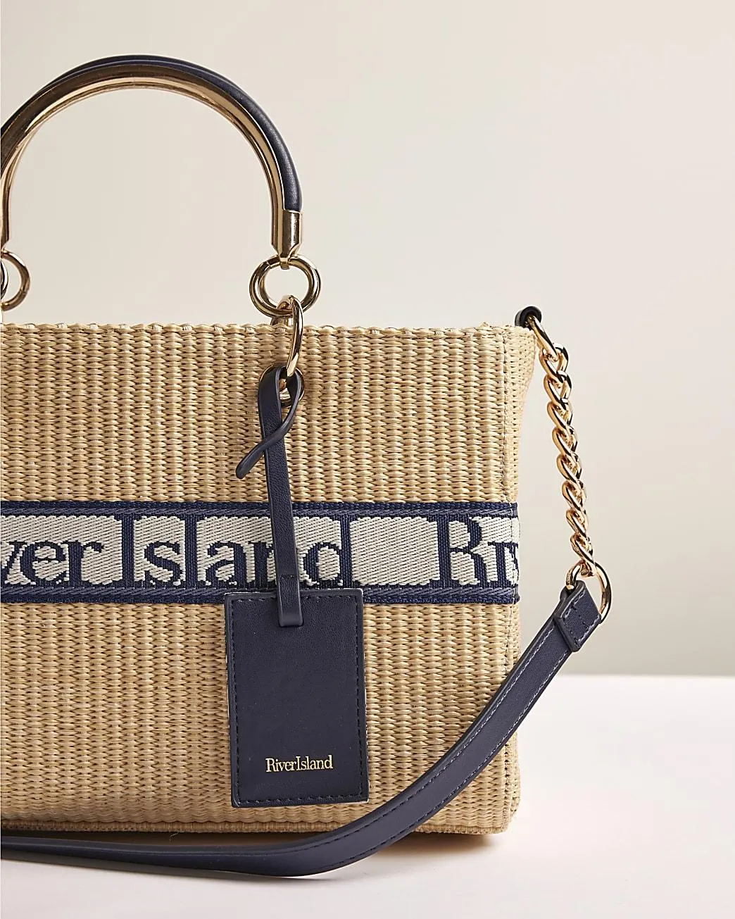 Beige Webbing Front Raffia Tote Bag