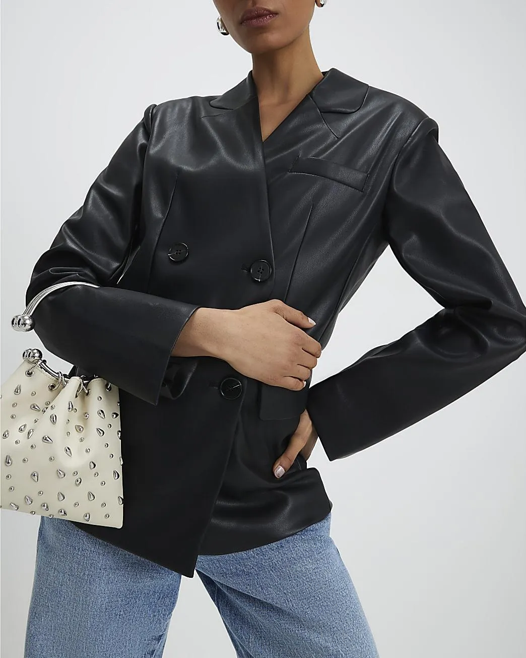 Black Faux Leather Collarless Blazer