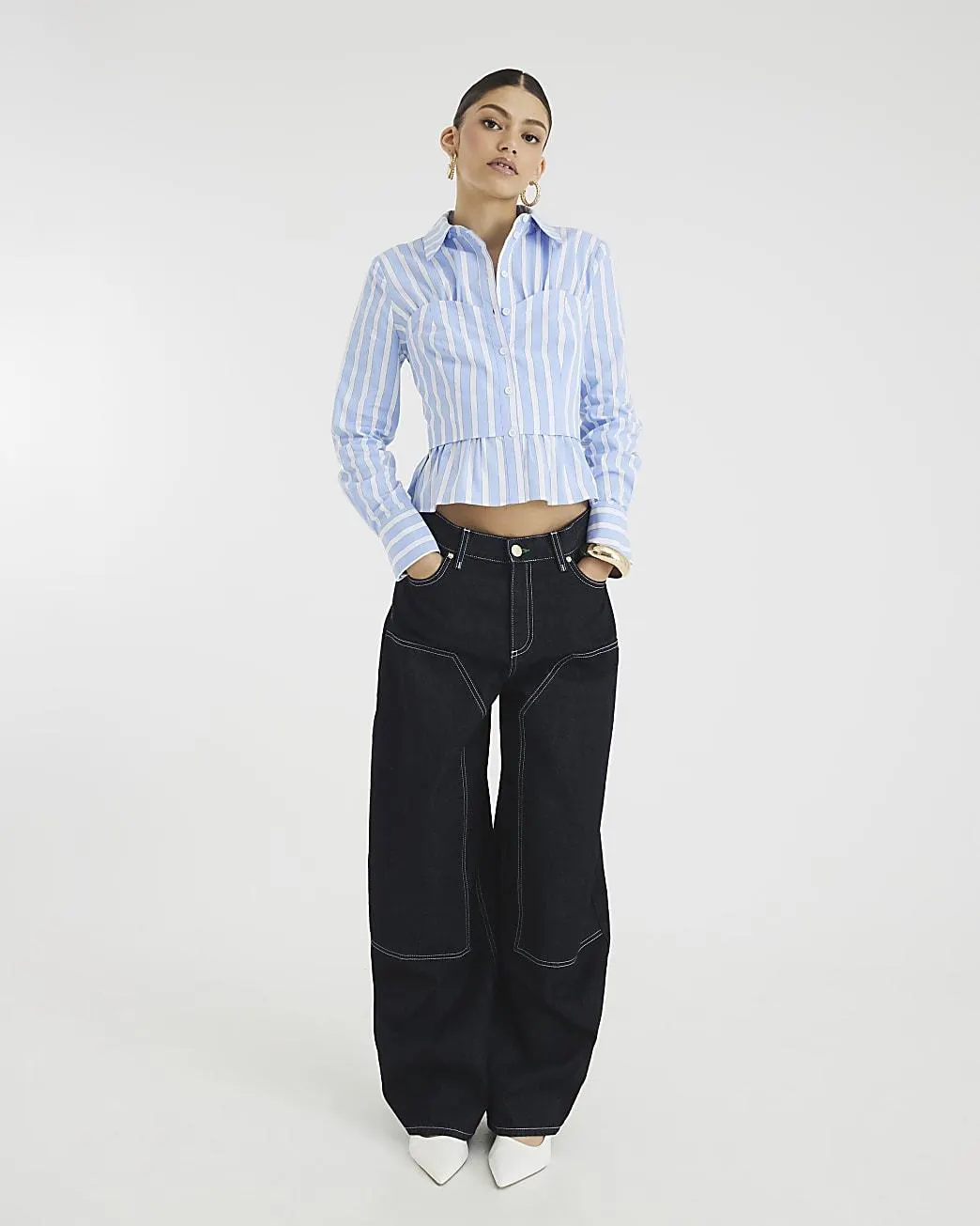 Blue Long Sleeve Stripe Corset Detail Shirt