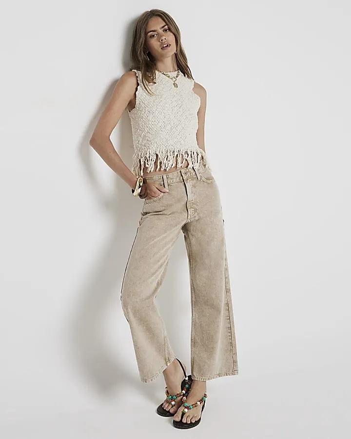Beige relaxed straight cropped jeans