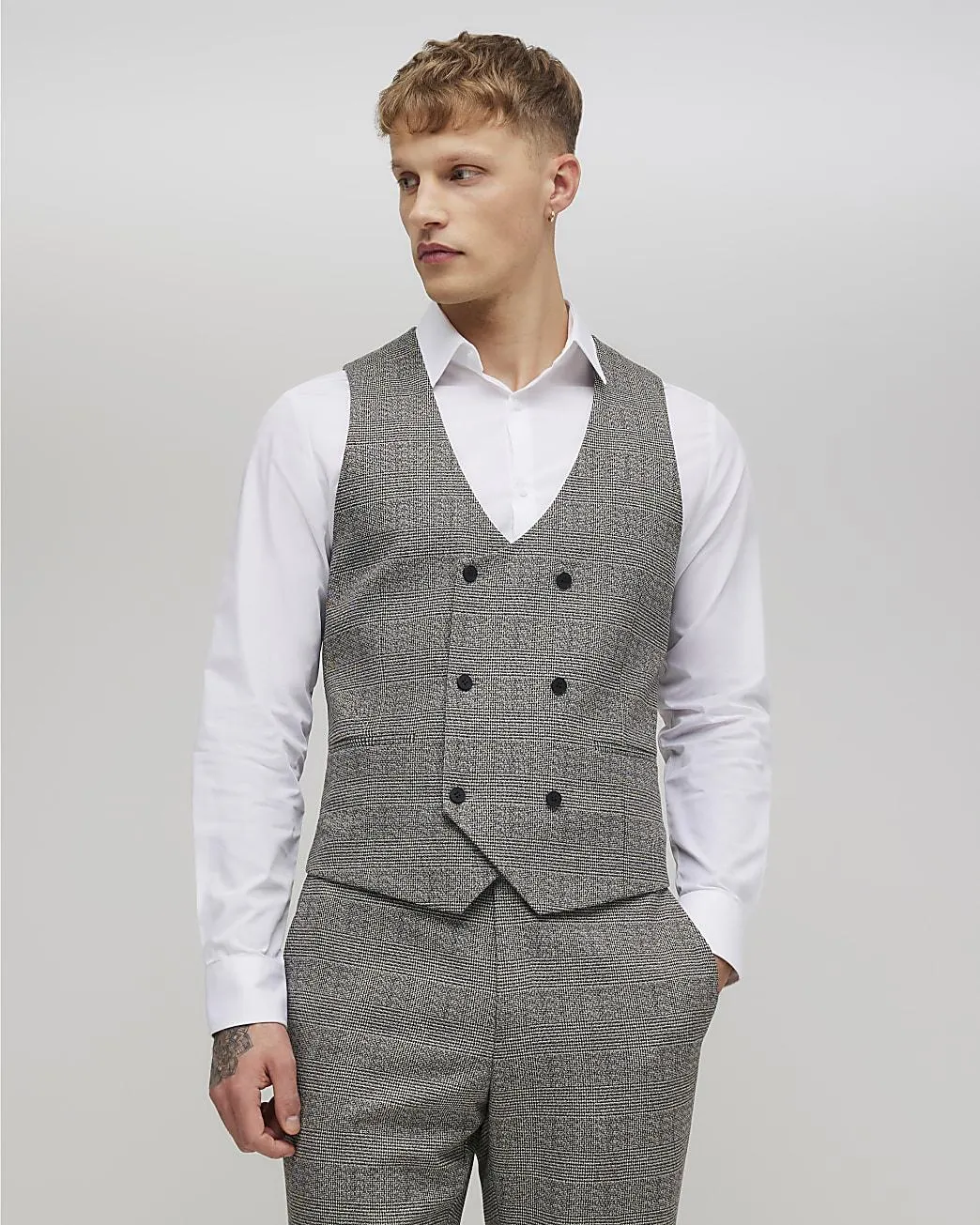 Grey Textured Check Waistcoat