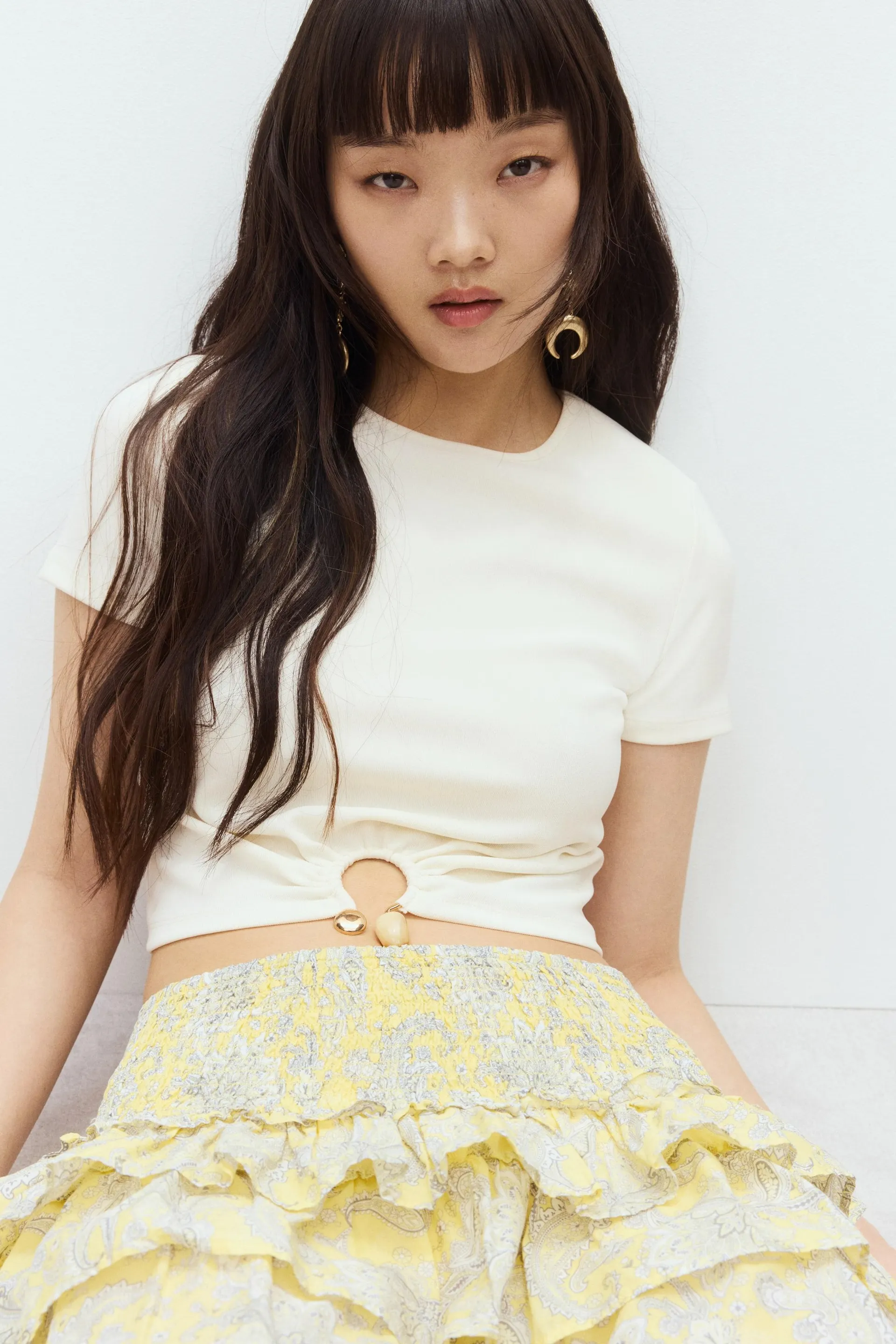 Bead-detail ribbed T-shirt