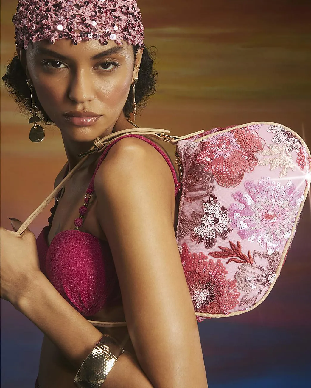 Pink Floral Sequin Shoulder Bag