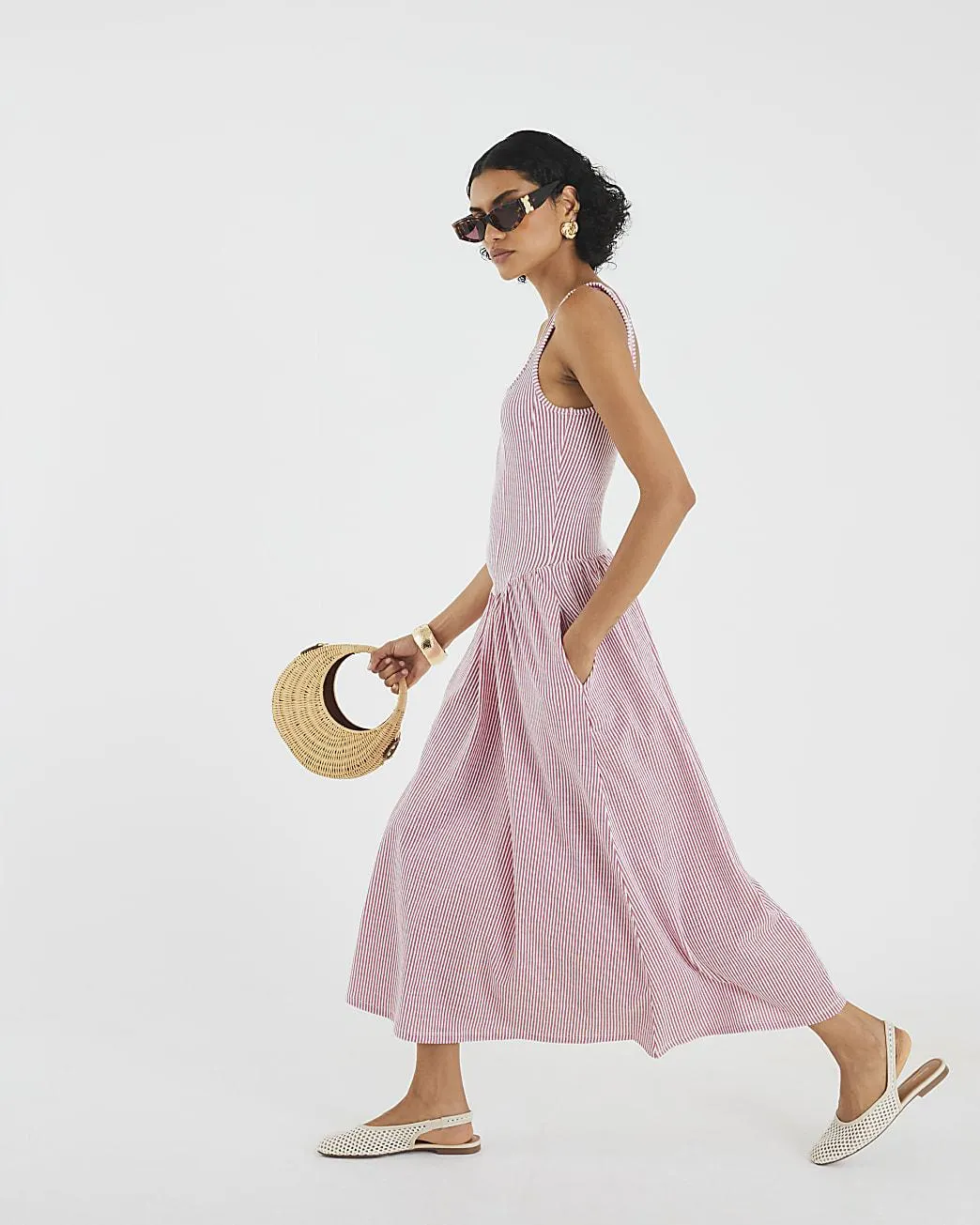 Red Sleeveless Stripe Midi Dress