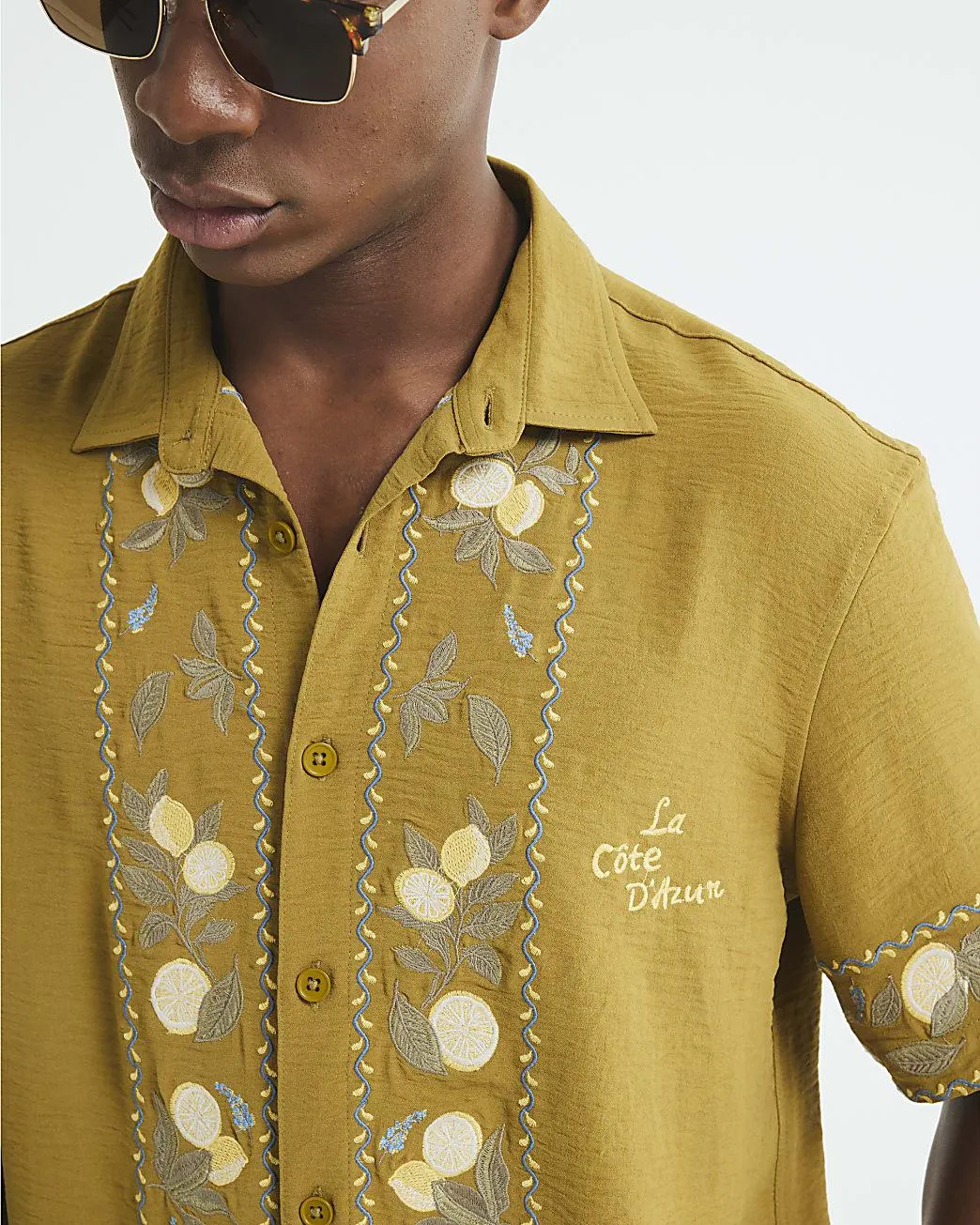Yellow Regular Fit Lemon Embroidered Shirt