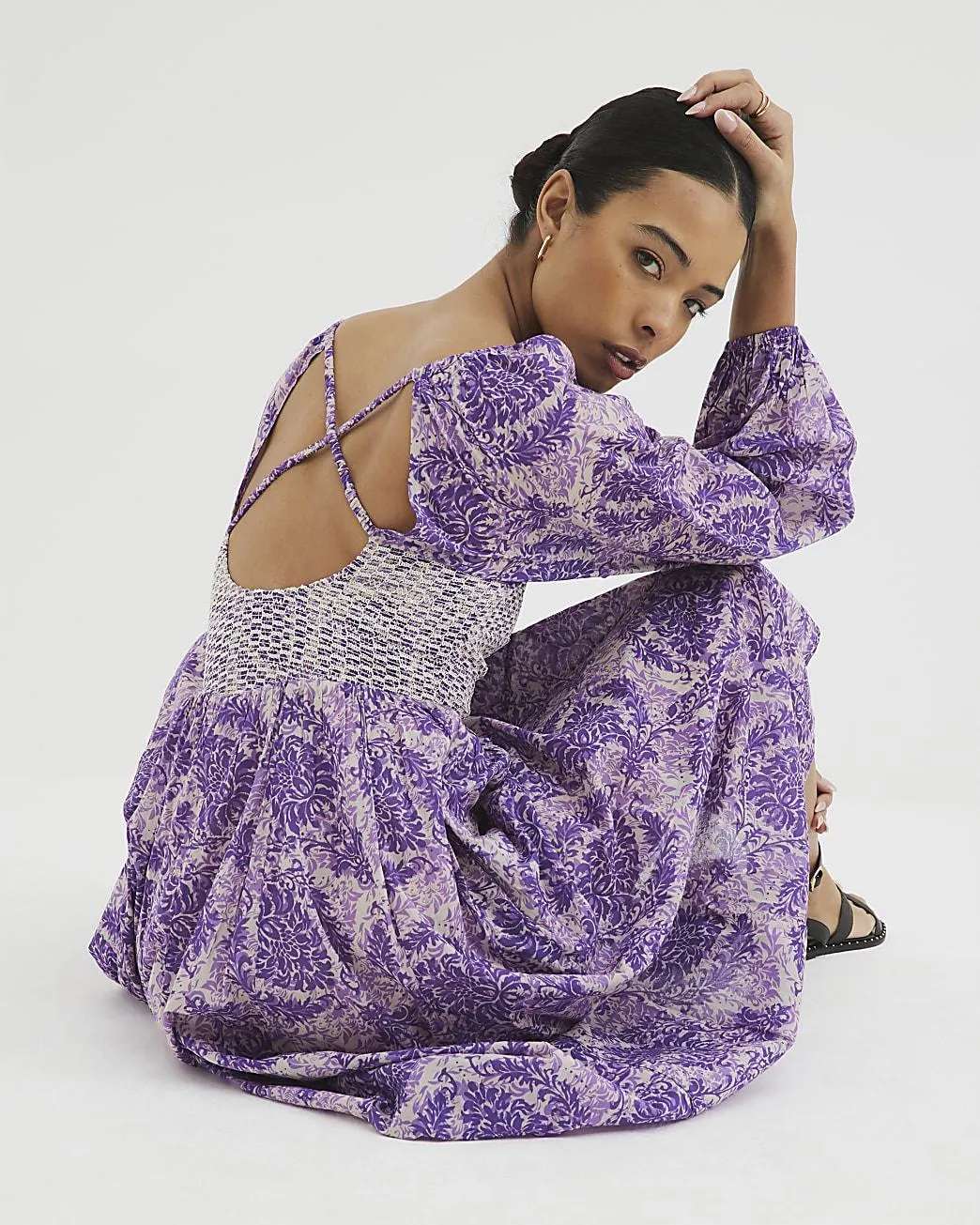 Purple Long Sleeve Paisley Print Maxi Dress