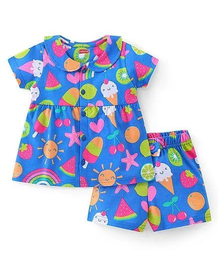 Babyhug Cotton Half Sleeves Night Suit Heart & Fruits Print - Blue