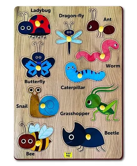 YaY Play Insects Wooden Animals Knob and Peg Board Puzzles- 10 Pieces