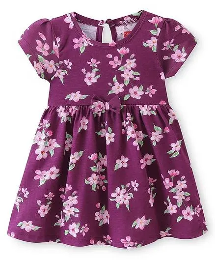 Babyhug Single Jersey Knit Half Sleeves Frock With Floral Print - Purple