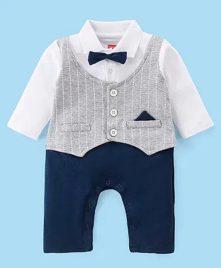 Babyhug Cotton Knit Full Sleeves Party Romper With Stripe - Navy Blue