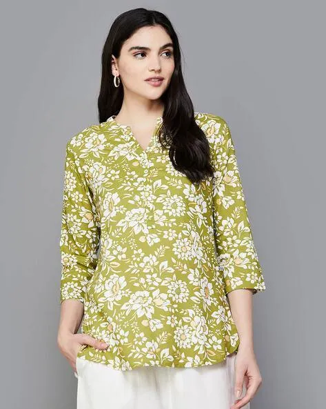Women Floral Print Straight Tunic with Mandarin Collar