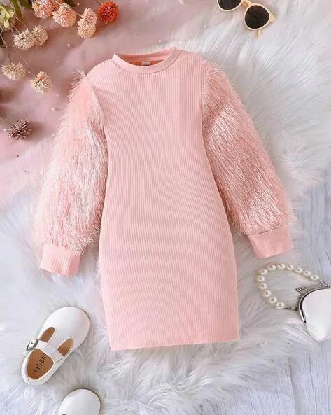 Girls Ribbed A-Line Dress with Full Sleeves